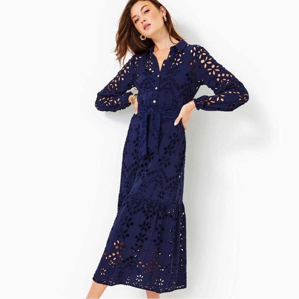 Lilly Pulitzer NWT Navy Zia Eyelet Long Sleeve Belted Midi Dress Size 12